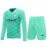 20-21 Manchester City Goalkeeper Green Long Sleeve Man Soccer Football Jersey + Shorts Set